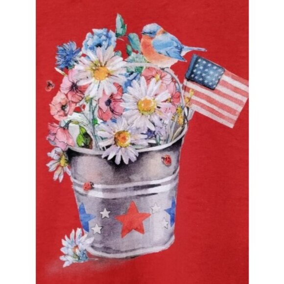 Womens T-Shirt Medium Patriotic Flowers Red White Blue Stars - Picture 3 of 10